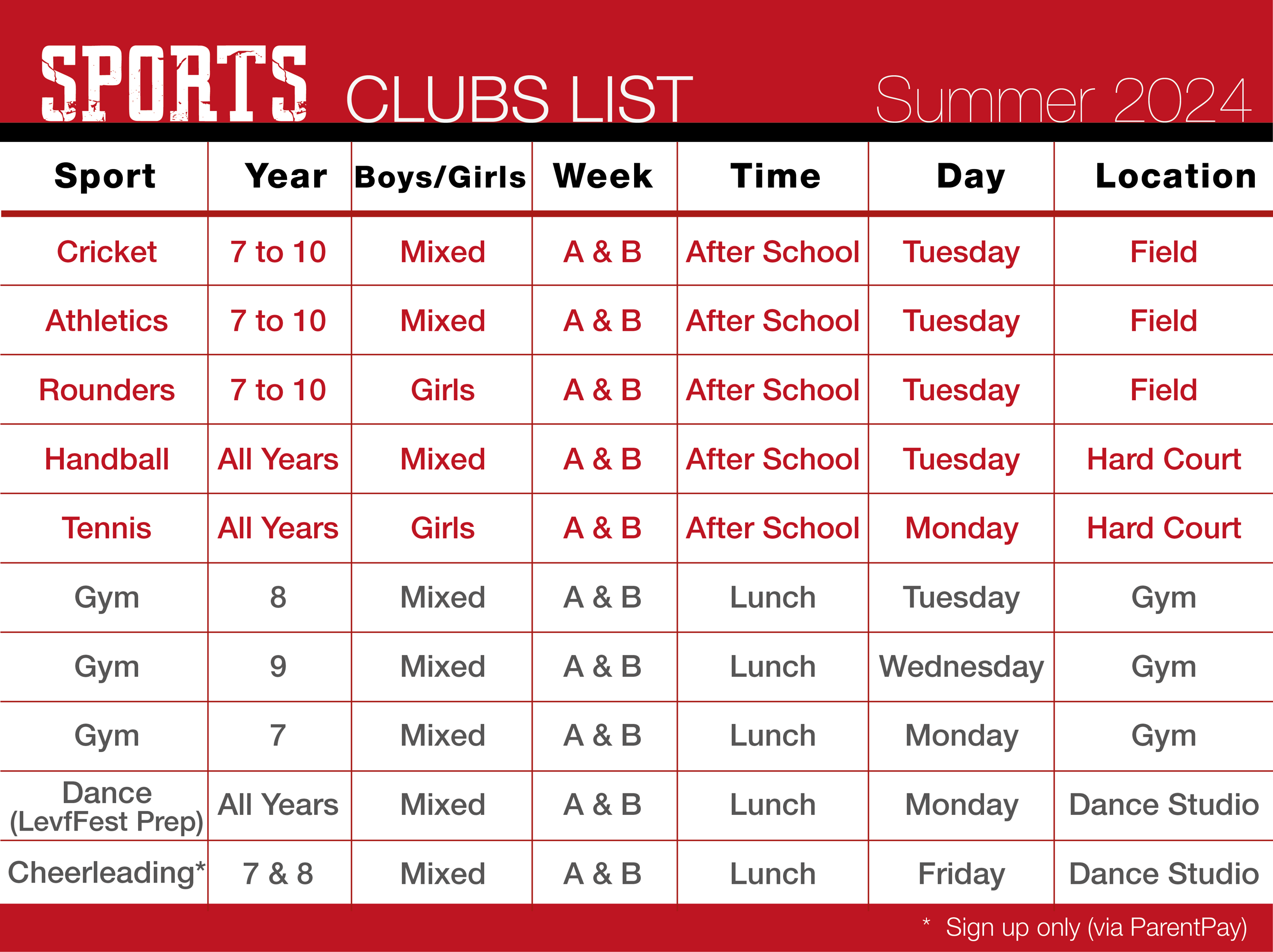 Clubs List (Sport only) Summer 2024 01 01 01