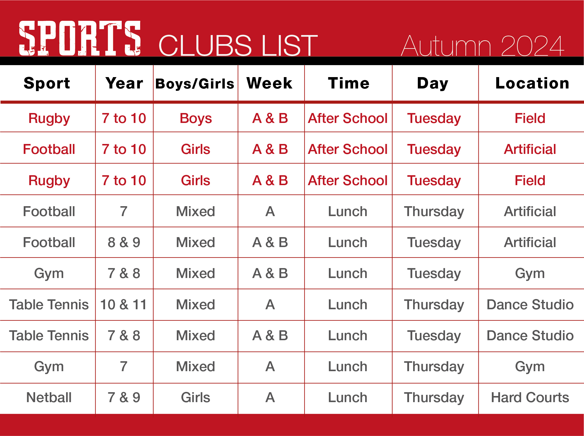 Clubs List (Sport only) Autumn 2024 01 01