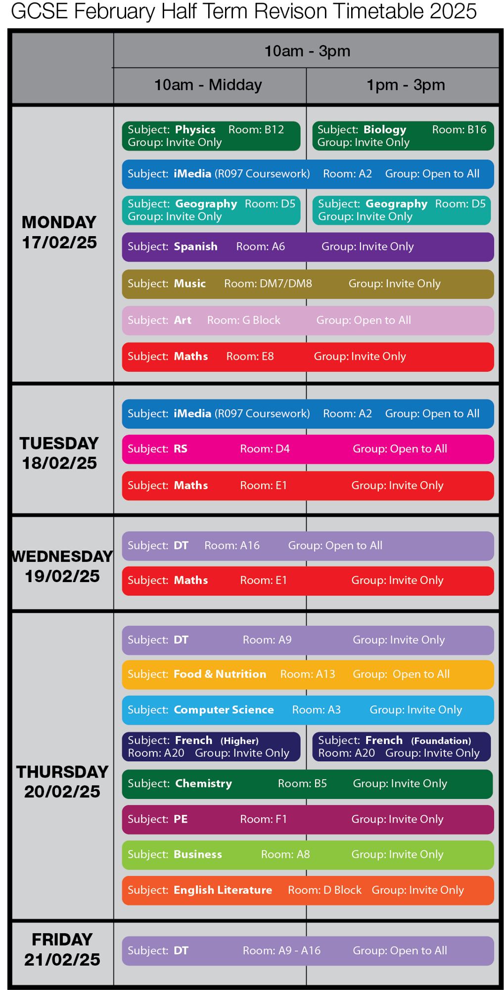 GCSE Revision Timetable 2025 February Half Term
