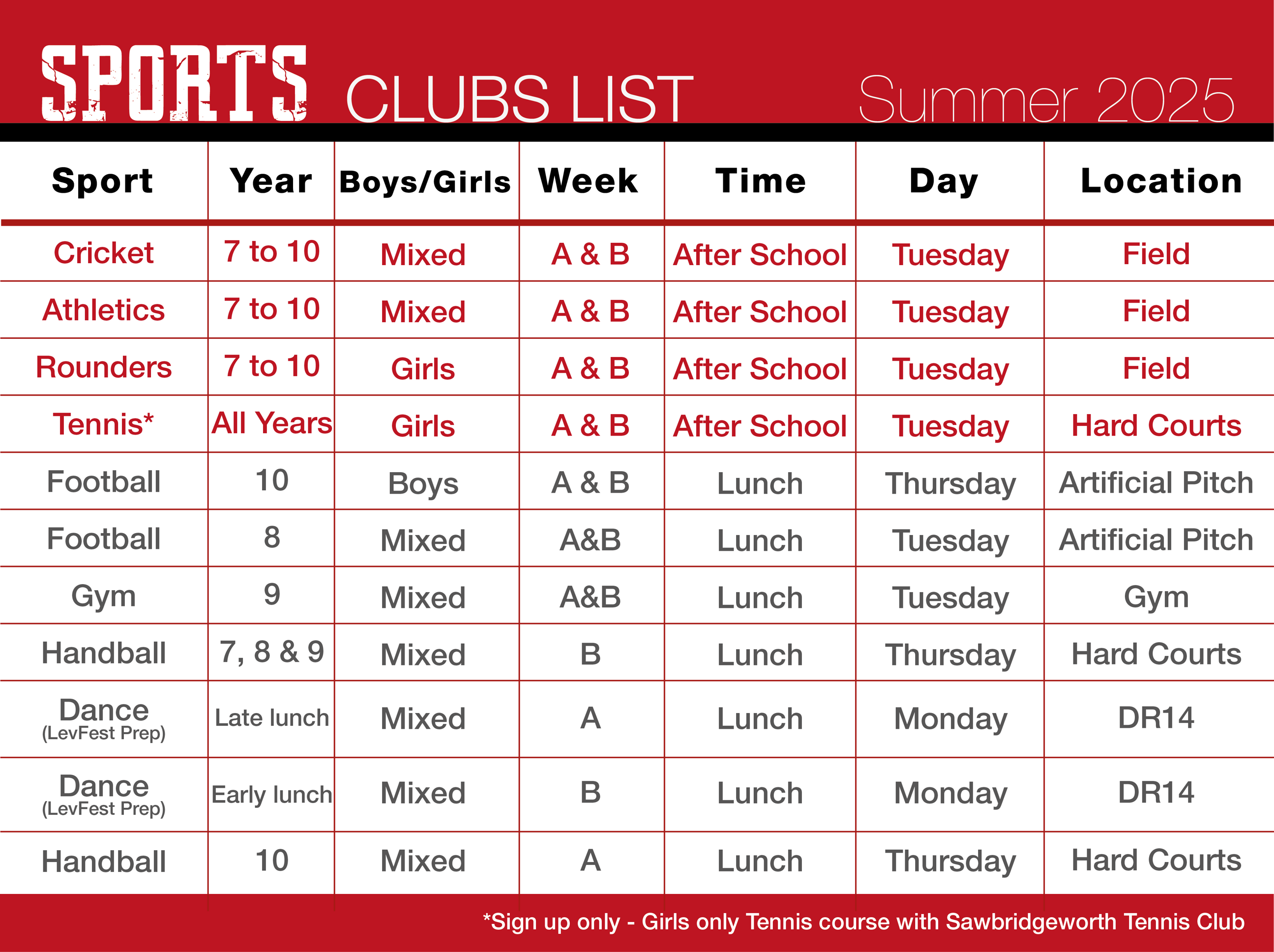 Clubs List (Sport only) Summer 2025