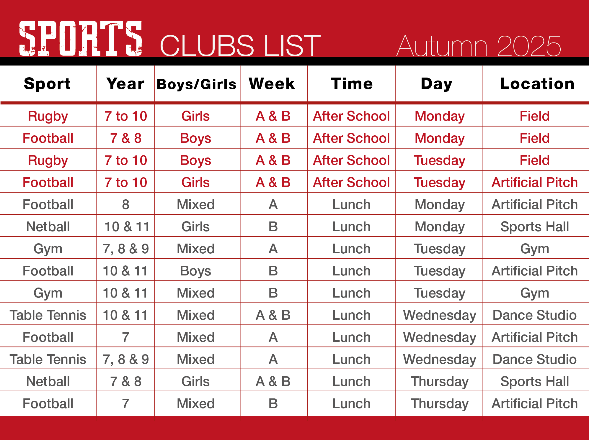 Clubs List (Sport only) Autumn 2025 01