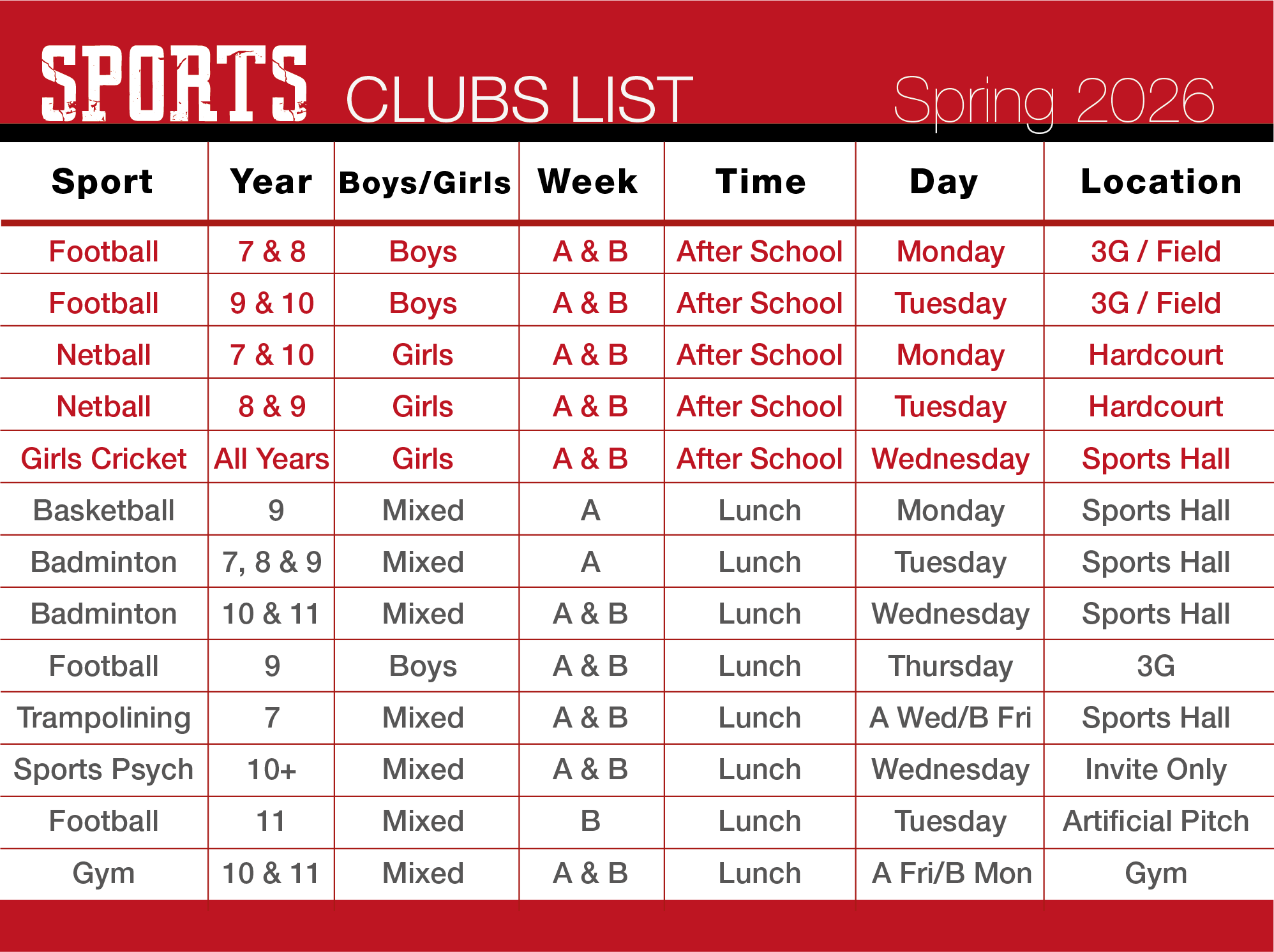 Clubs List (Sport only) Spring 2026
